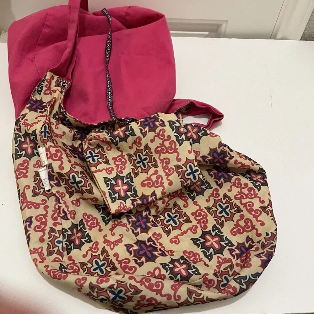Womens Pink Floral Lined Crossbody Sling Bag Purse Hobo 11X15 Tie Closure